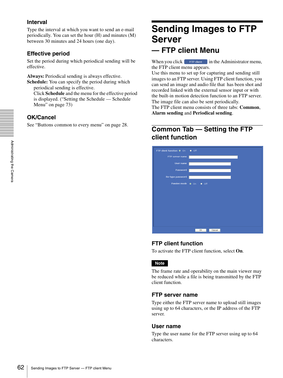 Sending images to ftp server - ftp client menu, Common tab - setting the ftp client function, Sending images to ftp server — ftp client menu | Common tab — setting the ftp client, Function, Sending images to ftp server, Ftp client menu, Common tab — setting the ftp client function | Sony SNC-CS20 User Manual | Page 62 / 100