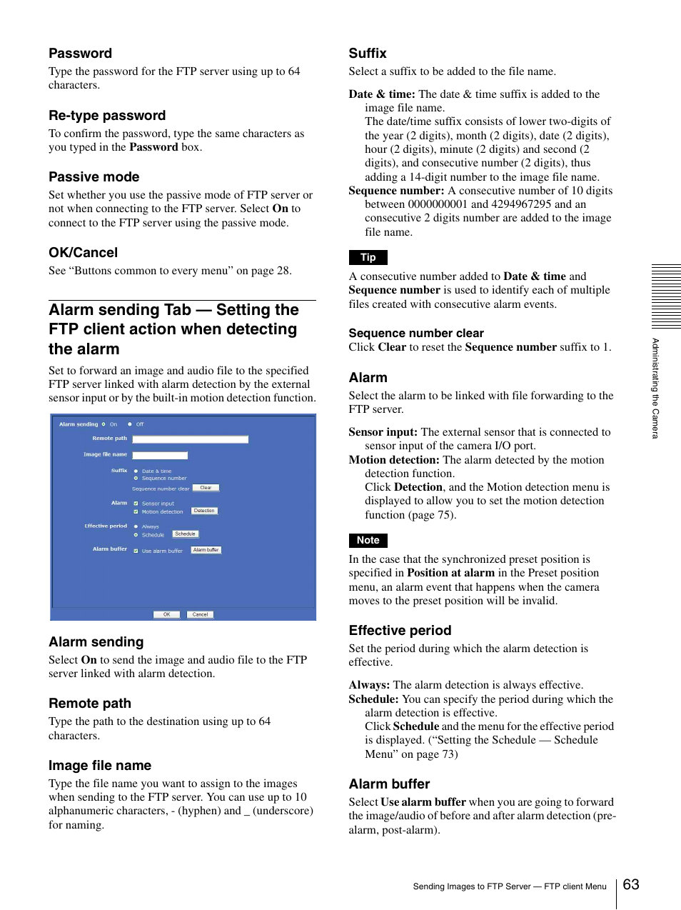 Alarm sending tab — setting the ftp client, Action when detecting the alarm | Sony SNC-CS20 User Manual | Page 63 / 100