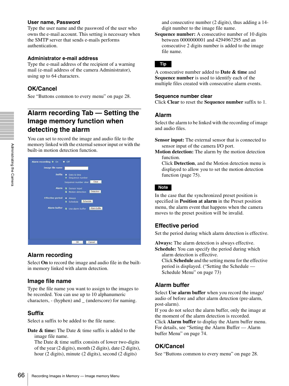 Alarm recording tab — setting the image, Memory function when detecting the alarm | Sony SNC-CS20 User Manual | Page 66 / 100