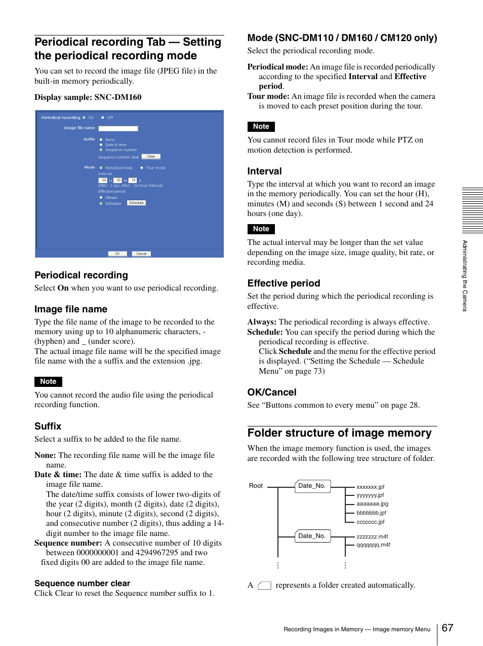 Folder structure of image memory, Periodical recording tab — setting the periodical, Recording mode | Periodical recording, Image file name, Suffix, Interval, Effective period, Ok/cancel | Sony SNC-CS20 User Manual | Page 67 / 100