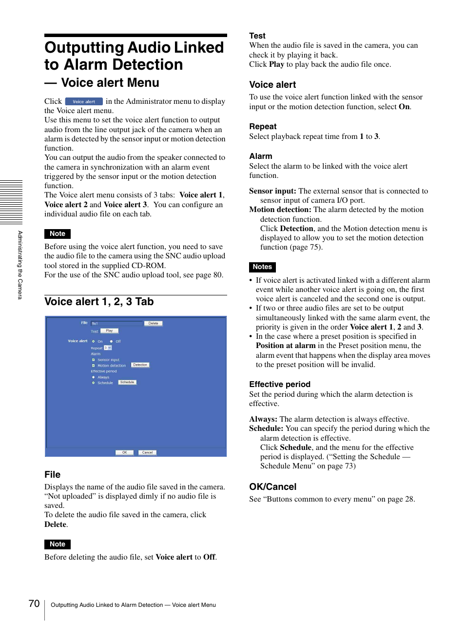 Voice alert 1, 2, 3 tab, Outputting audio linked to alarm detection, Voice alert menu | Sony SNC-CS20 User Manual | Page 70 / 100