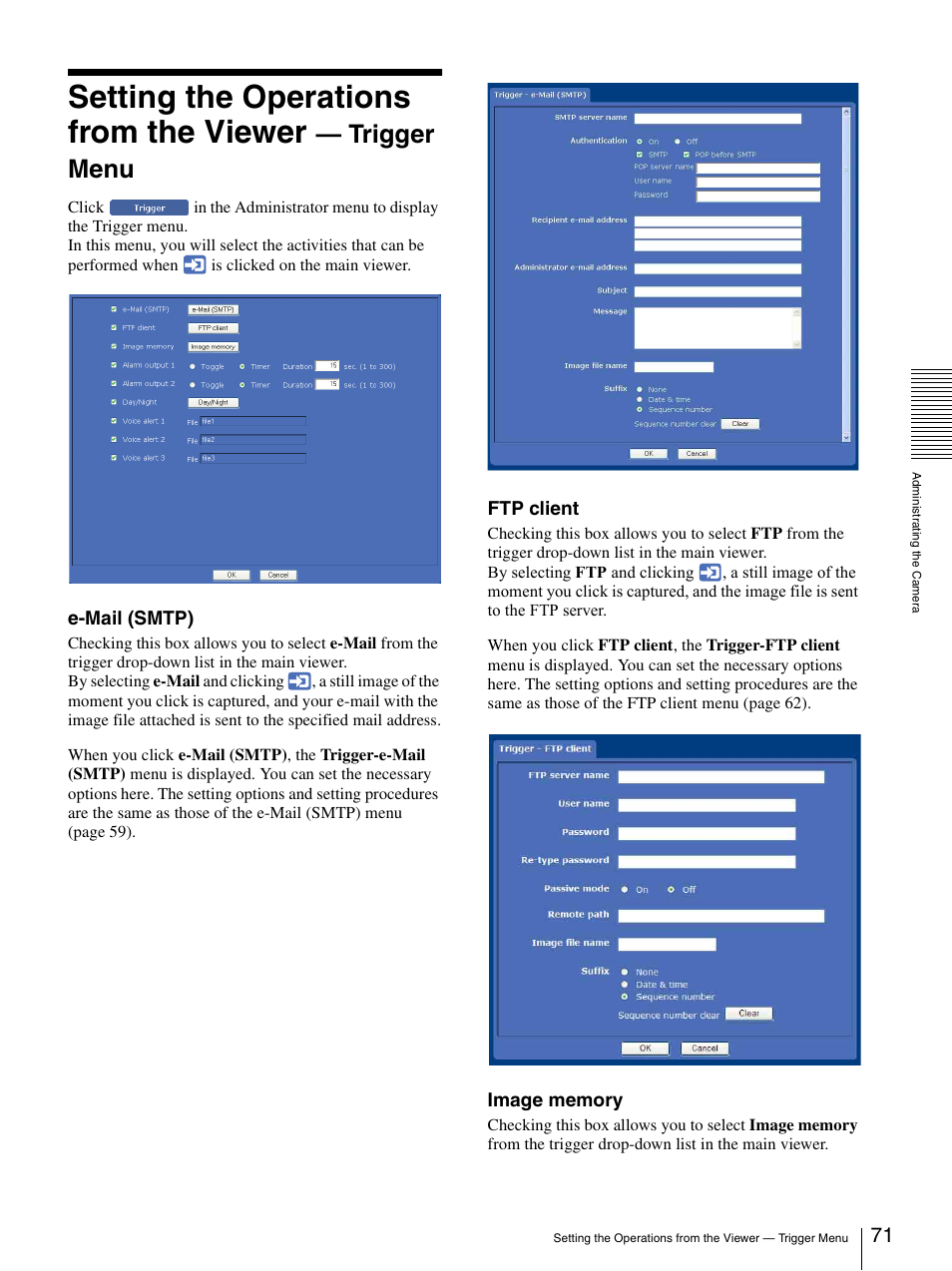 Setting the operations from the viewer, Trigger menu | Sony SNC-CS20 User Manual | Page 71 / 100