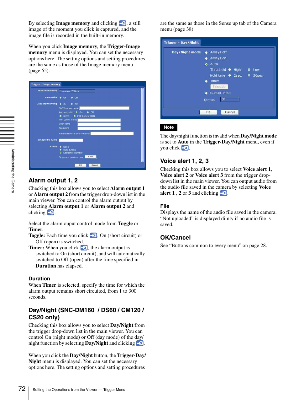 Alarm output 1, 2, Voice alert 1, 2, 3, Ok/cancel | Sony SNC-CS20 User Manual | Page 72 / 100