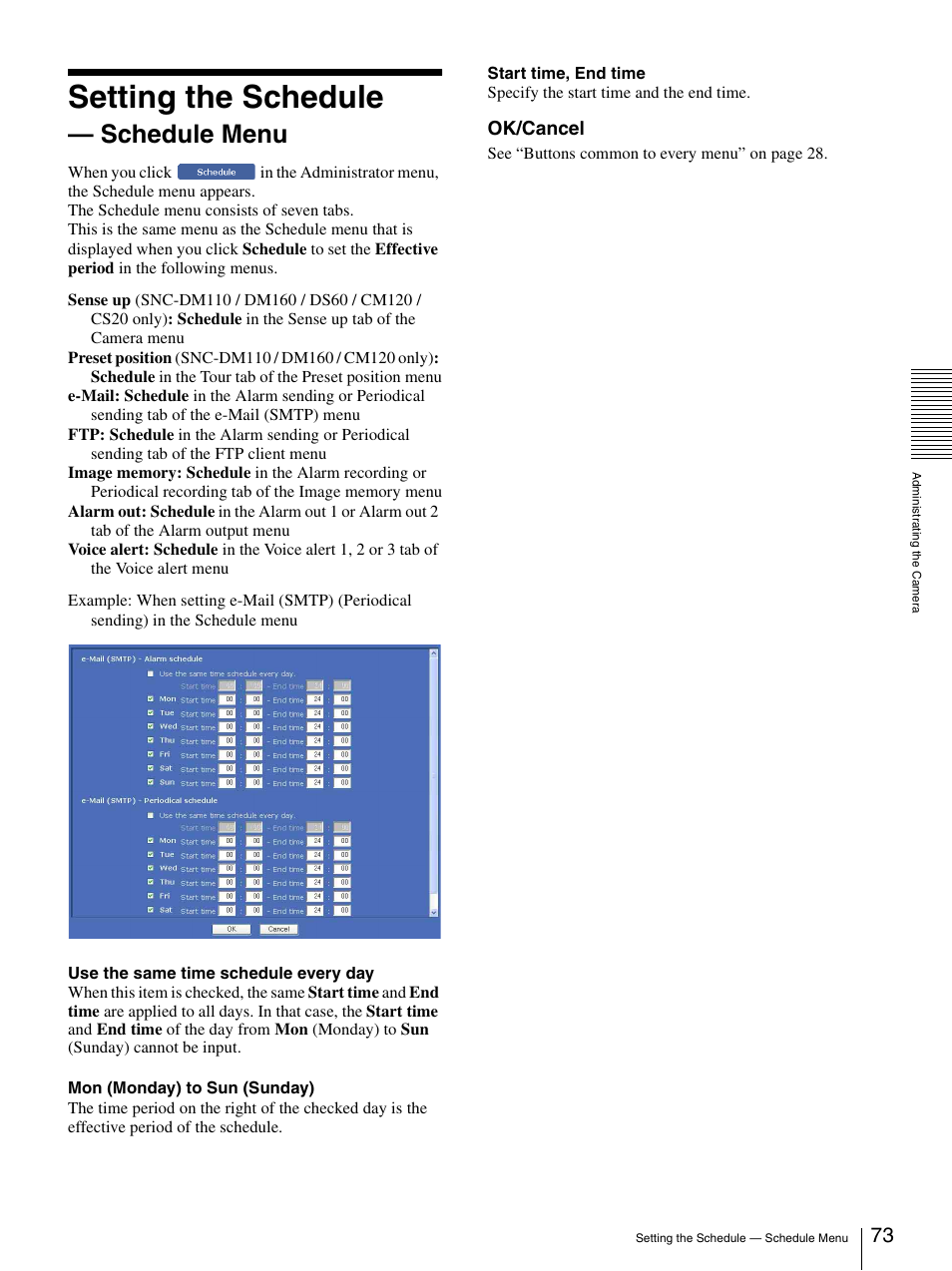 Setting the schedule - schedule menu, Setting the schedule — schedule menu, Setting the schedule | Schedule menu, Ok/cancel | Sony SNC-CS20 User Manual | Page 73 / 100