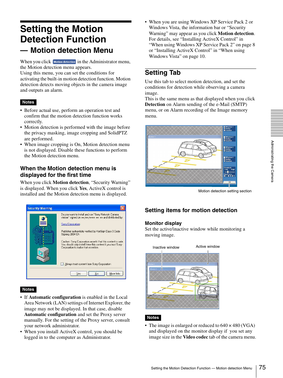 Setting tab, Setting the motion detection function, Motion detection menu | Sony SNC-CS20 User Manual | Page 75 / 100