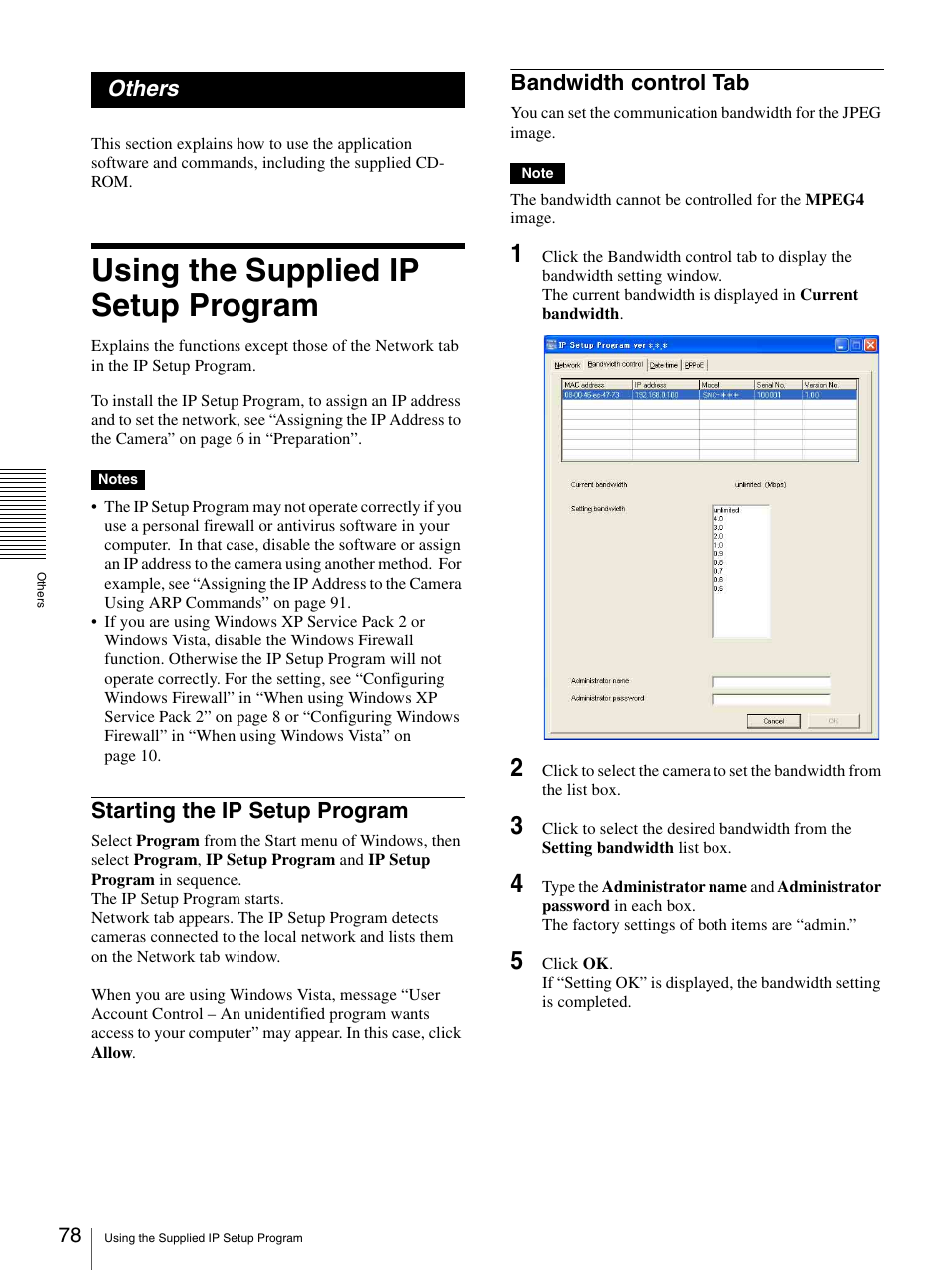 Others, Using the supplied ip setup program, Starting the ip setup program | Bandwidth control tab | Sony SNC-CS20 User Manual | Page 78 / 100