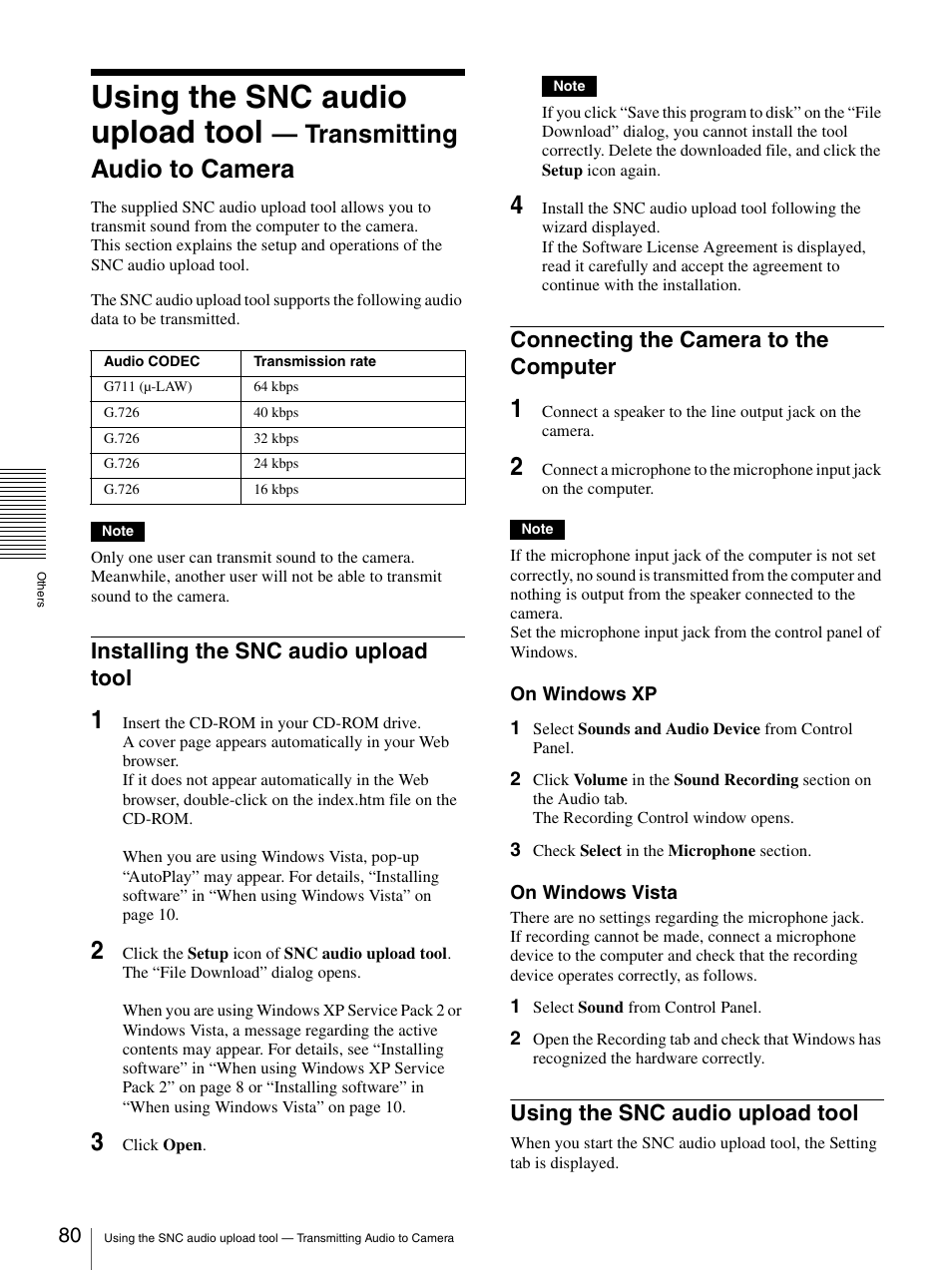 Installing the snc audio upload tool, Connecting the camera to the computer, Using the snc audio upload tool | Transmitting audio to camera | Sony SNC-CS20 User Manual | Page 80 / 100