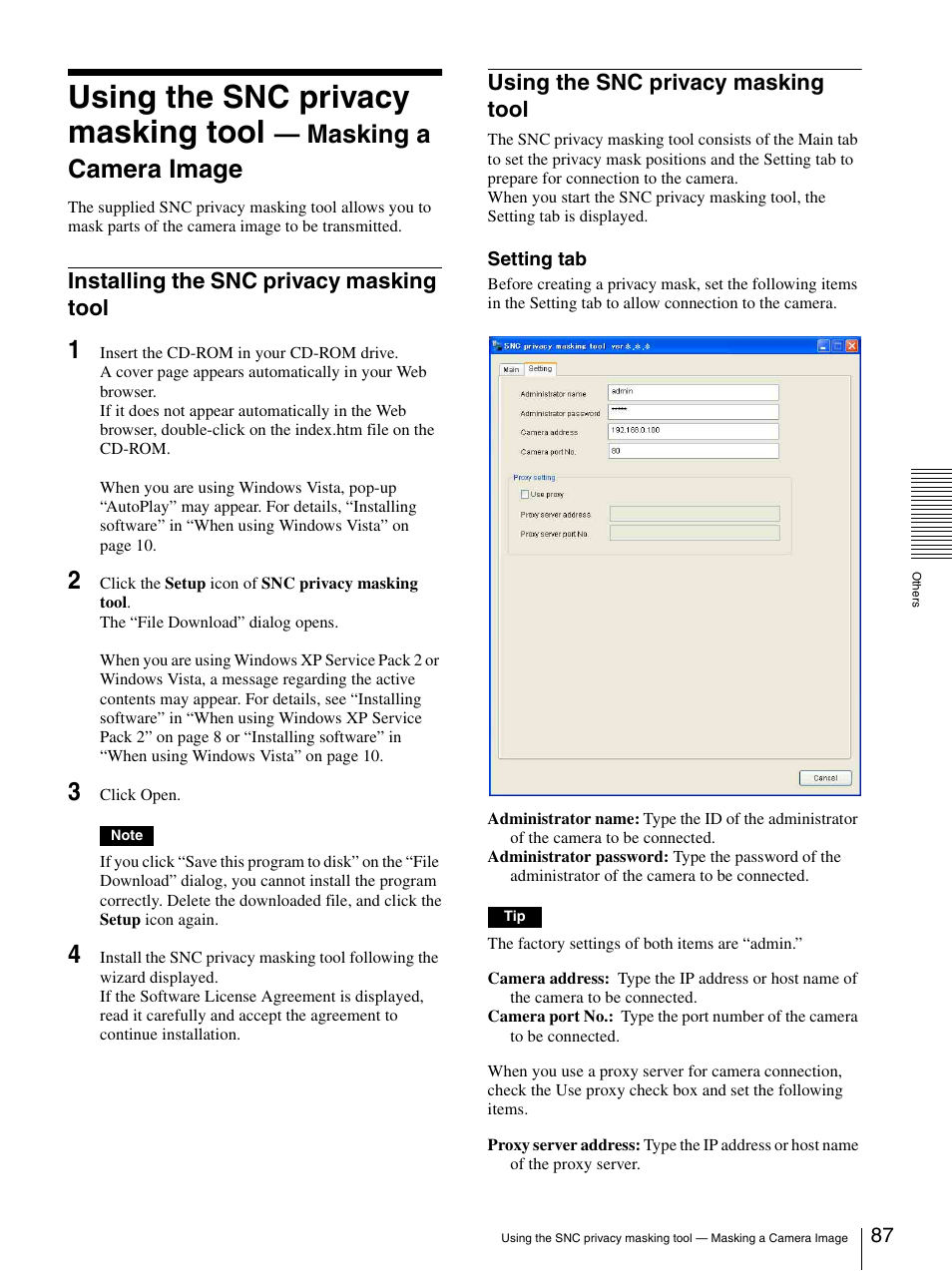 Installing the snc privacy masking tool, Using the snc privacy masking tool, Masking a camera image | Sony SNC-CS20 User Manual | Page 87 / 100