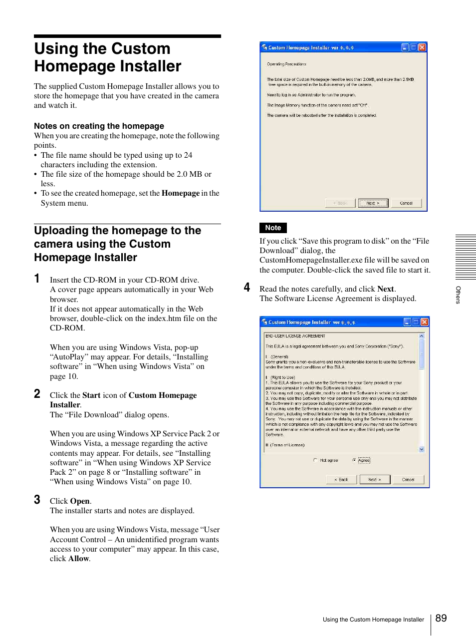 Using the custom homepage installer | Sony SNC-CS20 User Manual | Page 89 / 100