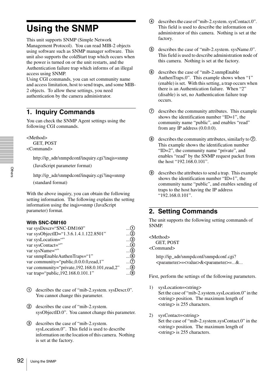 Using the snmp, Inquiry commands, Setting commands | Inquiry commands 2. setting commands | Sony SNC-CS20 User Manual | Page 92 / 100
