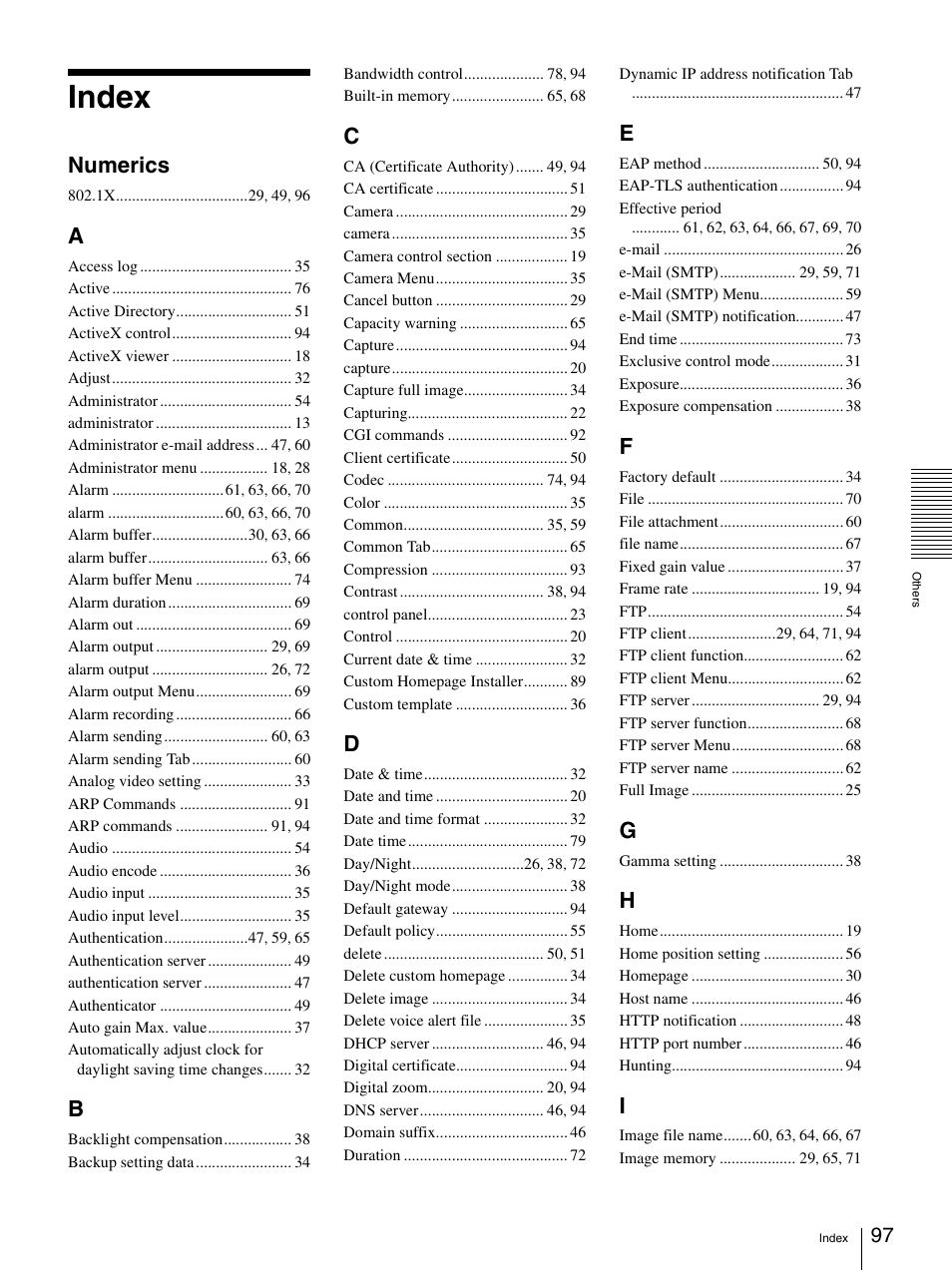 Index, Numerics | Sony SNC-CS20 User Manual | Page 97 / 100