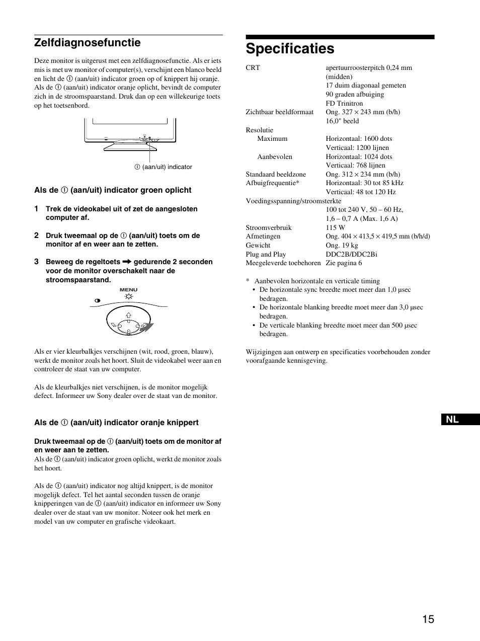 Zelfdiagnosefunctie, Specificaties | Sony CPD-E220E User Manual | Page 113 / 116