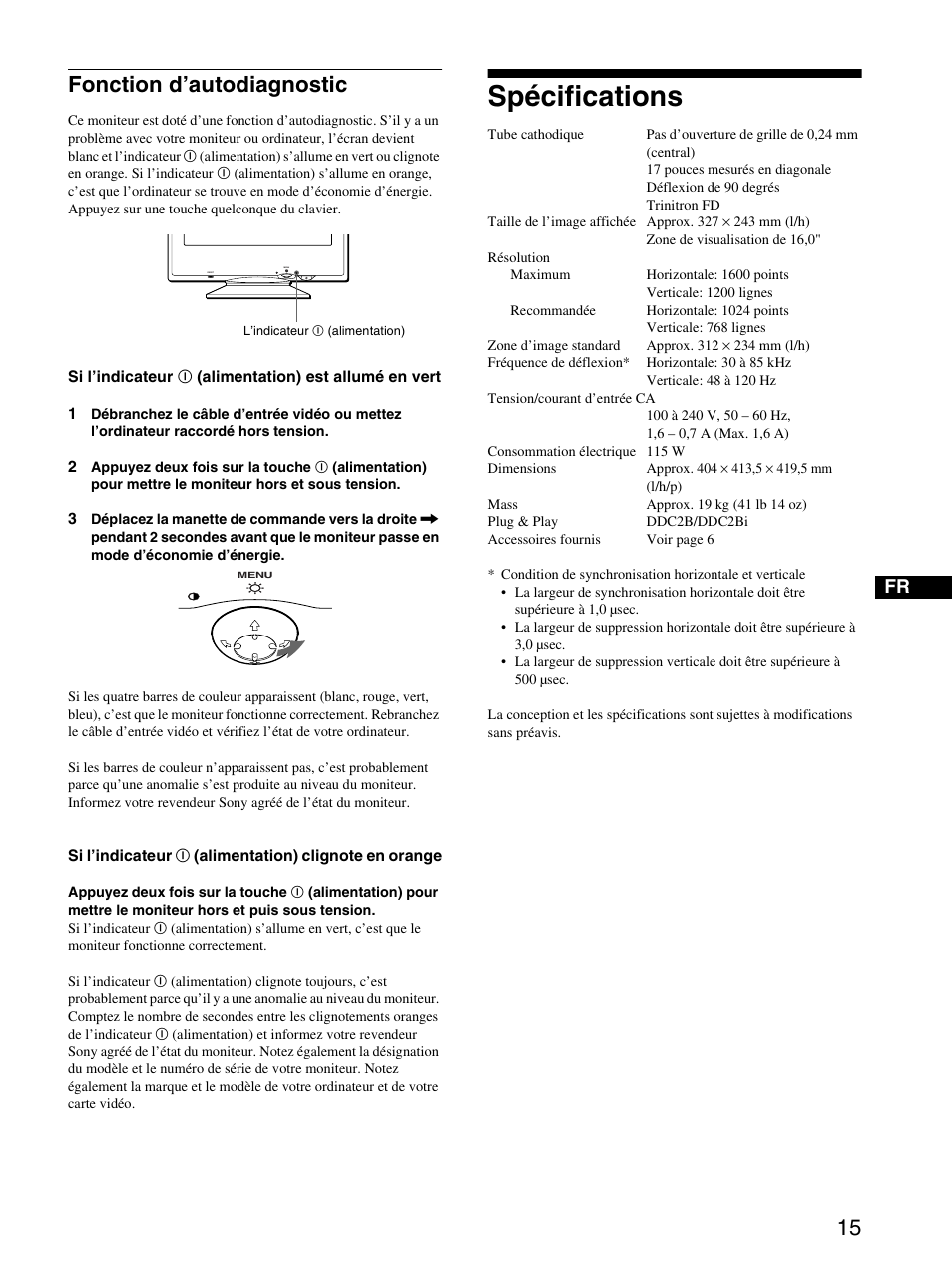 Fonction d’autodiagnostic, Spécifications | Sony CPD-E220E User Manual | Page 29 / 116