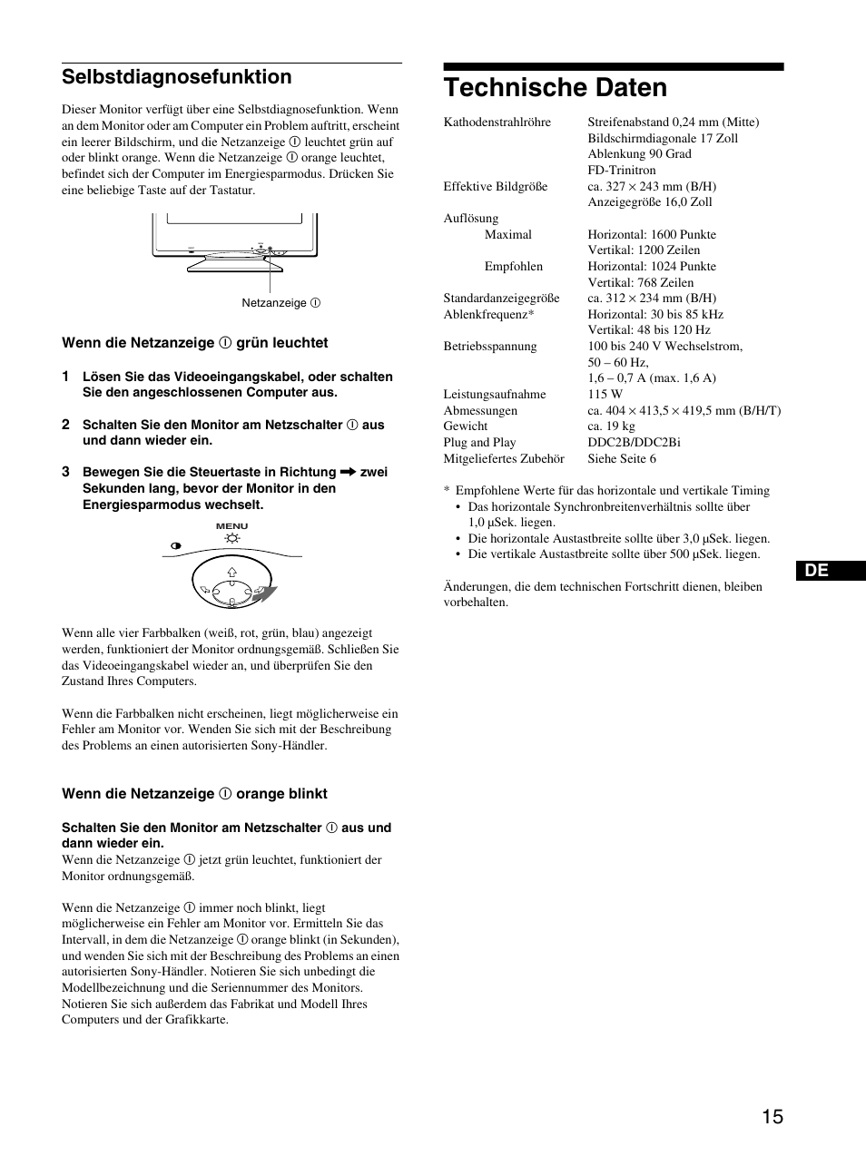 Selbstdiagnosefunktion, Technische daten, Seite 15 | On (seite 15) | Sony CPD-E220E User Manual | Page 43 / 116