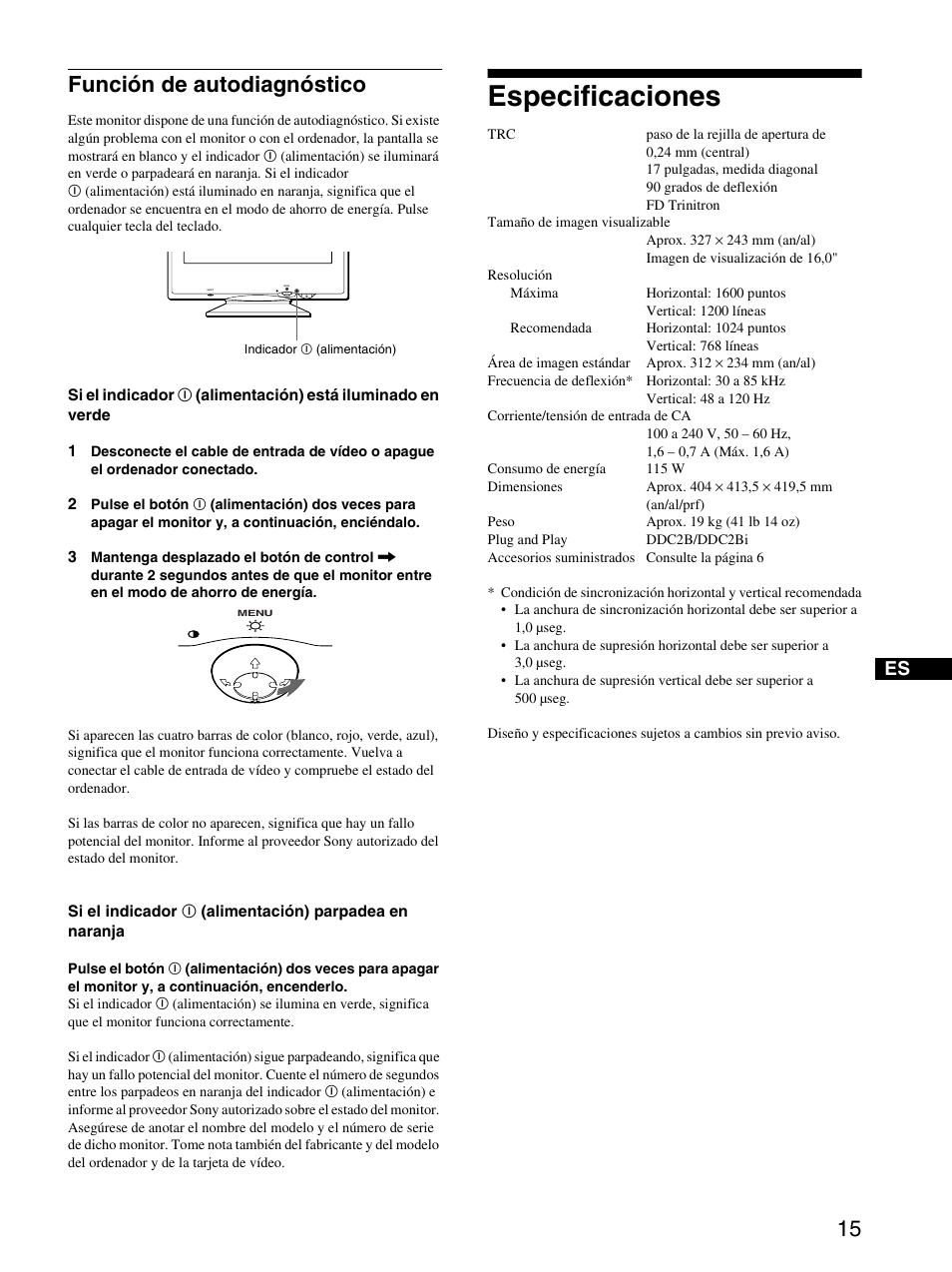 Función de autodiagnóstico, Especificaciones | Sony CPD-E220E User Manual | Page 57 / 116