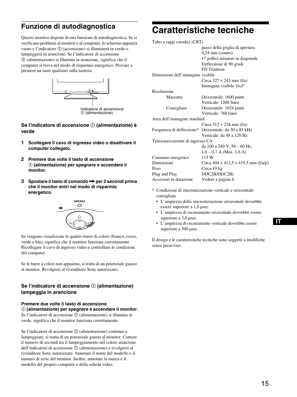Funzione di autodiagnostica, Caratteristiche tecniche | Sony CPD-E220E User Manual | Page 71 / 116