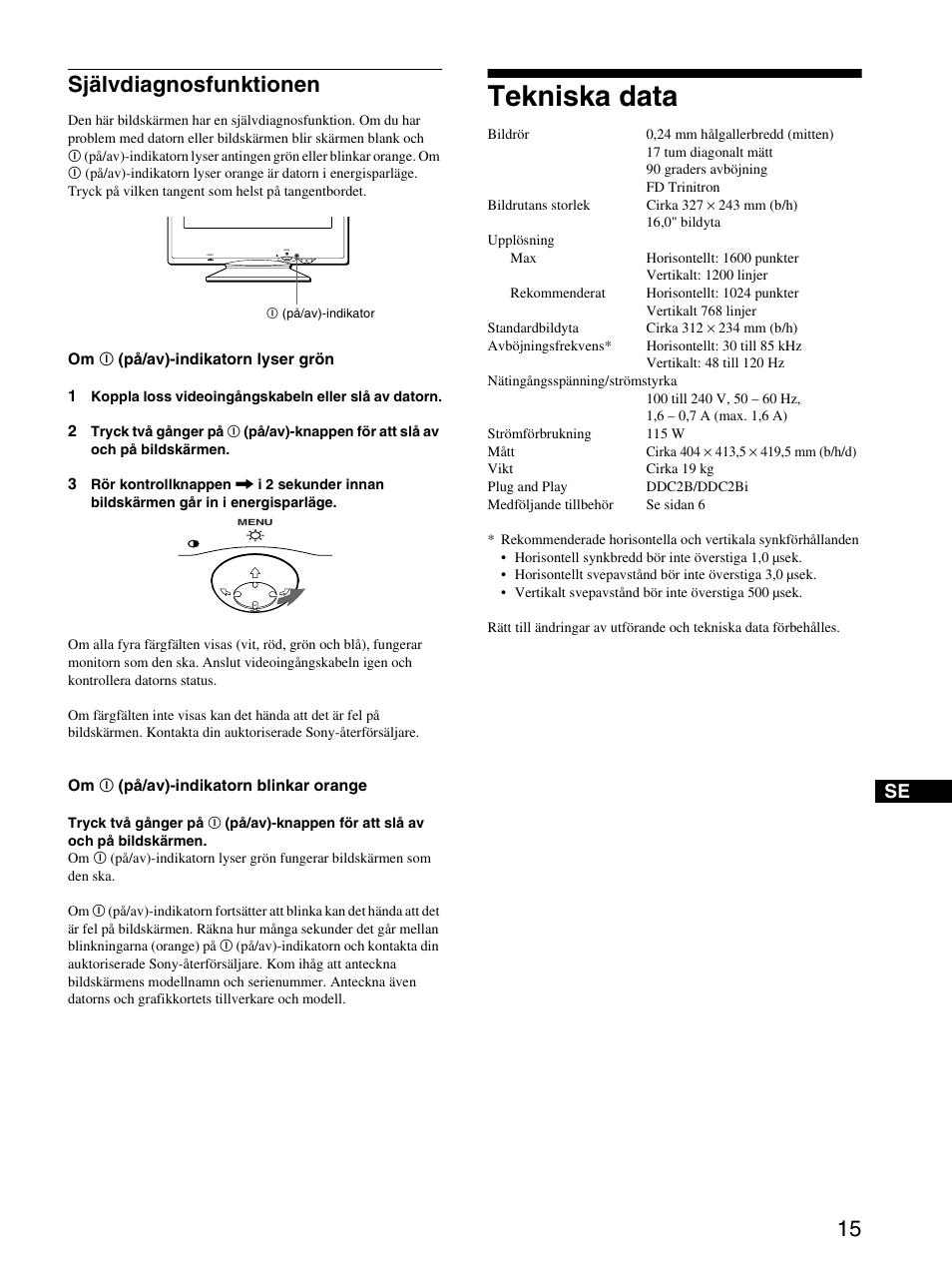 Självdiagnosfunktionen, Tekniska data, Sidan 15 | Sony CPD-E220E User Manual | Page 99 / 116