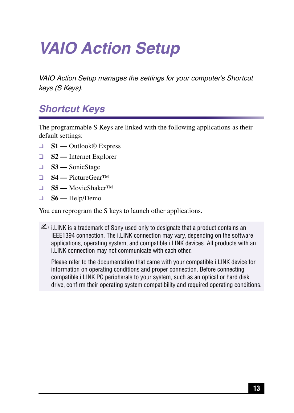 Vaio action setup, Shortcut keys | Sony VAIO Digital Studio User Manual | Page 13 / 93