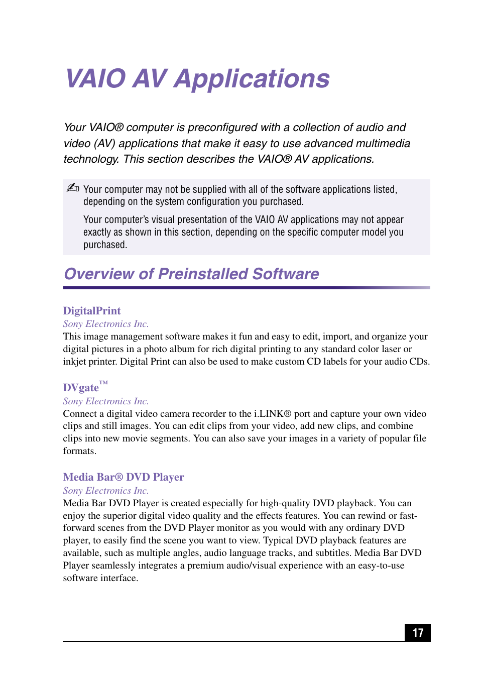 Vaio av applications, Overview of preinstalled software | Sony VAIO Digital Studio User Manual | Page 17 / 93