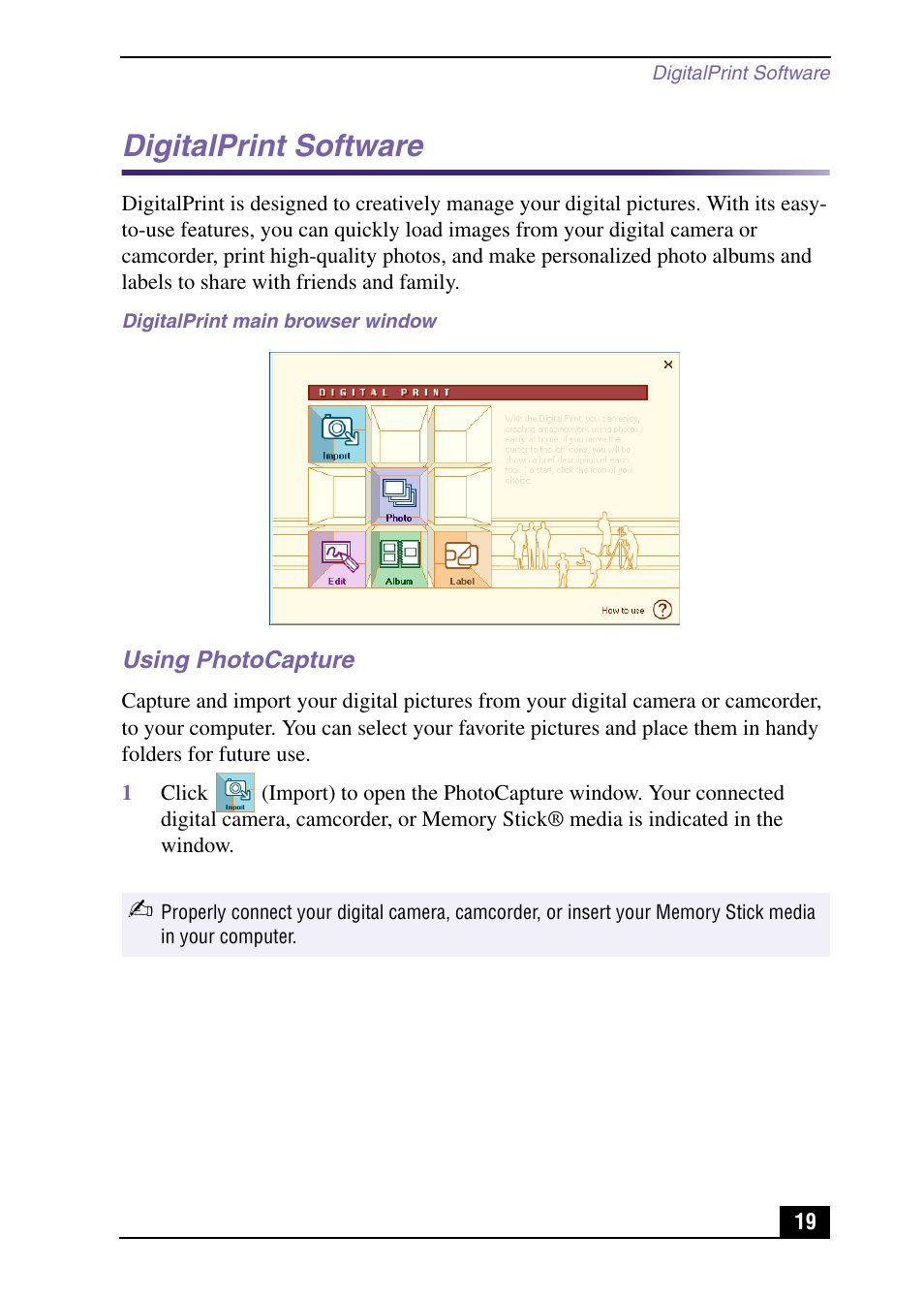 Digitalprint software, Using photocapture | Sony VAIO Digital Studio User Manual | Page 19 / 93