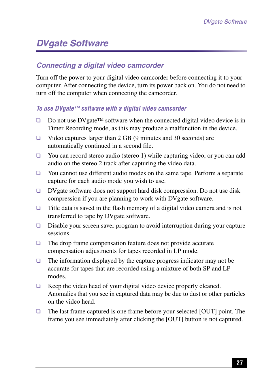 Dvgate software, Connecting a digital video camcorder | Sony VAIO Digital Studio User Manual | Page 27 / 93