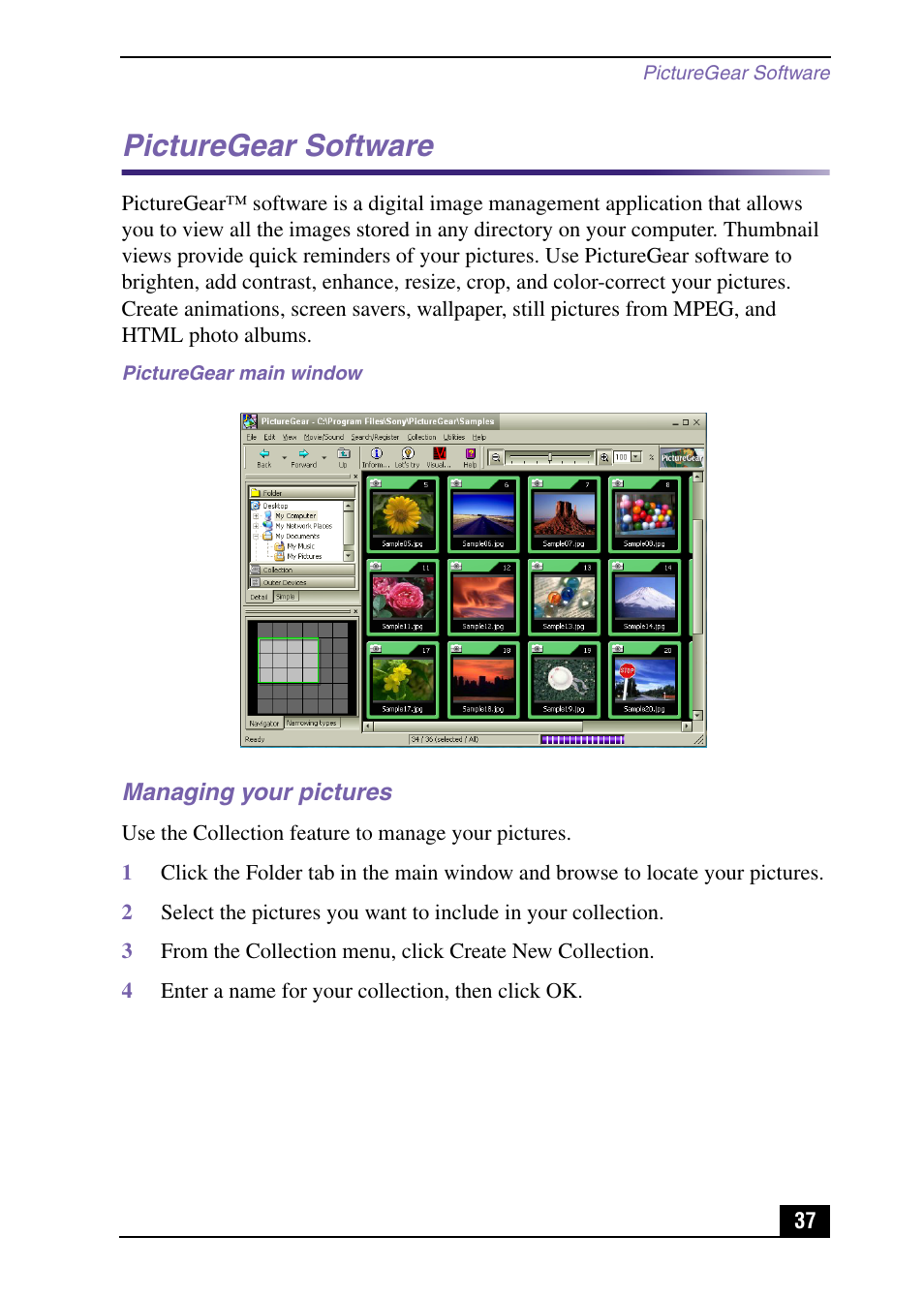 Picturegear software, Managing your pictures | Sony VAIO Digital Studio User Manual | Page 37 / 93