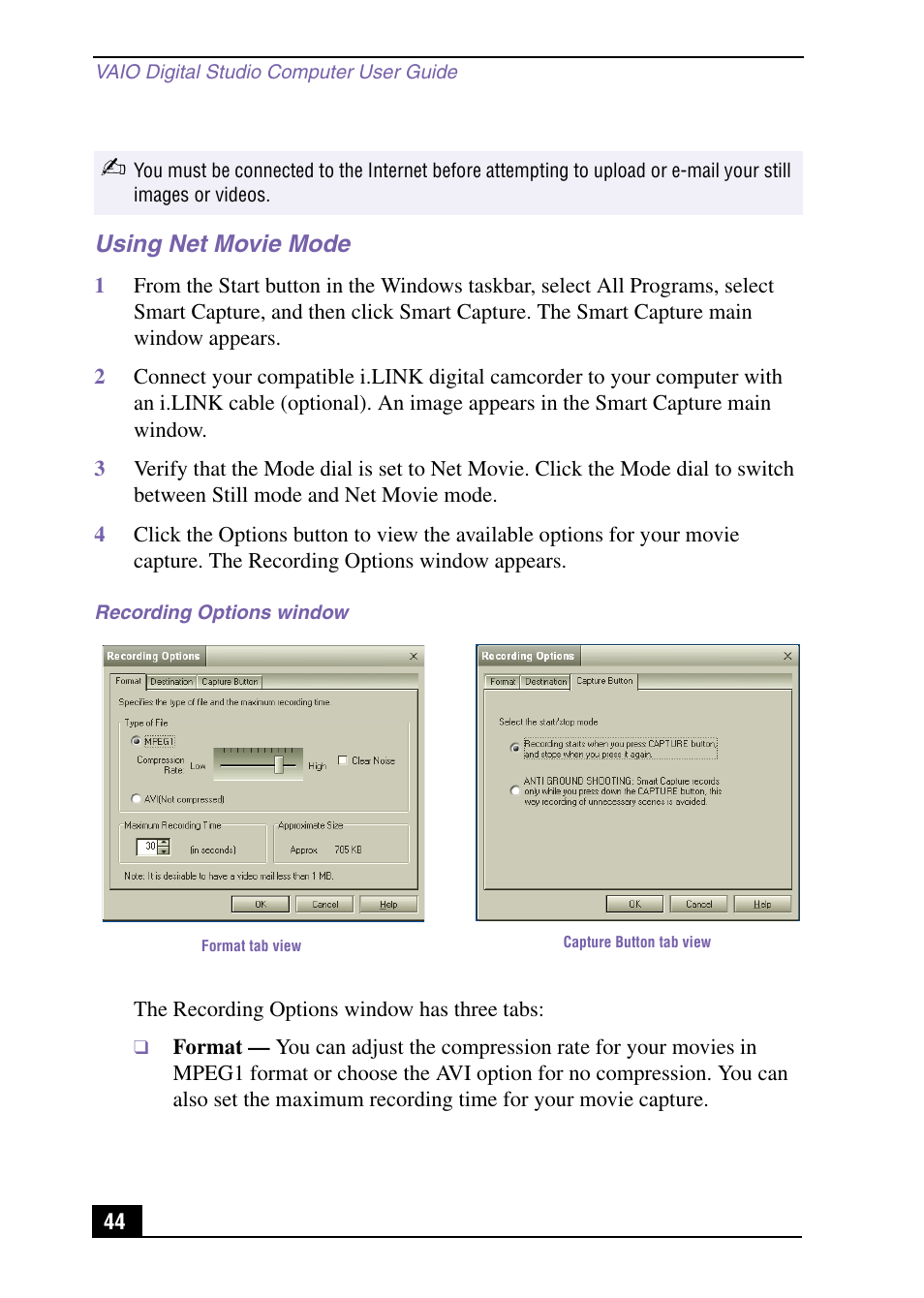 Using net movie mode | Sony VAIO Digital Studio User Manual | Page 44 / 93