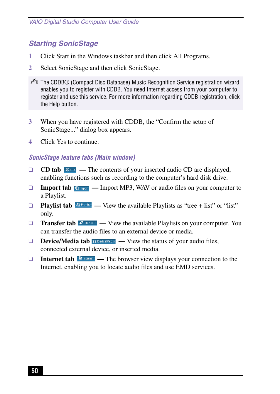 Starting sonicstage | Sony VAIO Digital Studio User Manual | Page 50 / 93