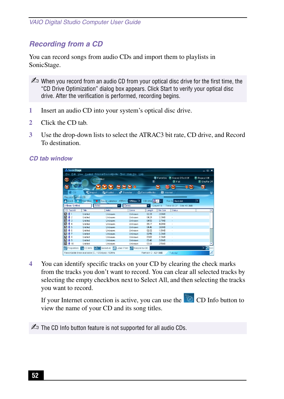 Recording from a cd | Sony VAIO Digital Studio User Manual | Page 52 / 93