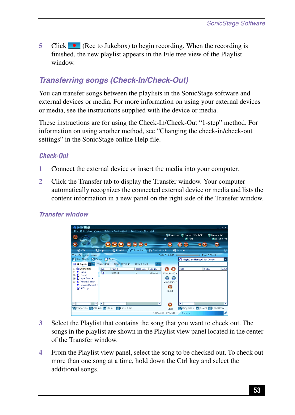 Transferring songs (check-in/check-out) | Sony VAIO Digital Studio User Manual | Page 53 / 93