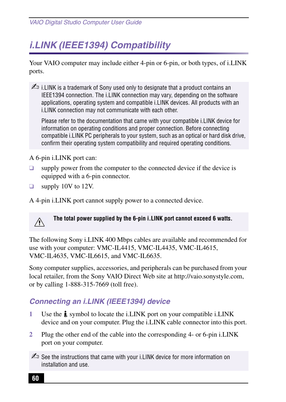 I.link (ieee1394) compatibility, Connecting an i.link (ieee1394) device, I.link | Ieee1394) compatibility | Sony VAIO Digital Studio User Manual | Page 60 / 93