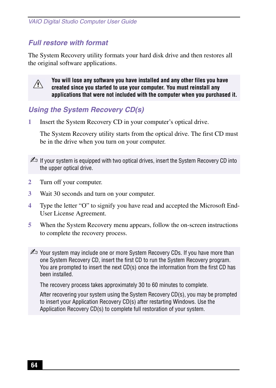 Full restore with format, Using the system recovery cd(s) | Sony VAIO Digital Studio User Manual | Page 64 / 93