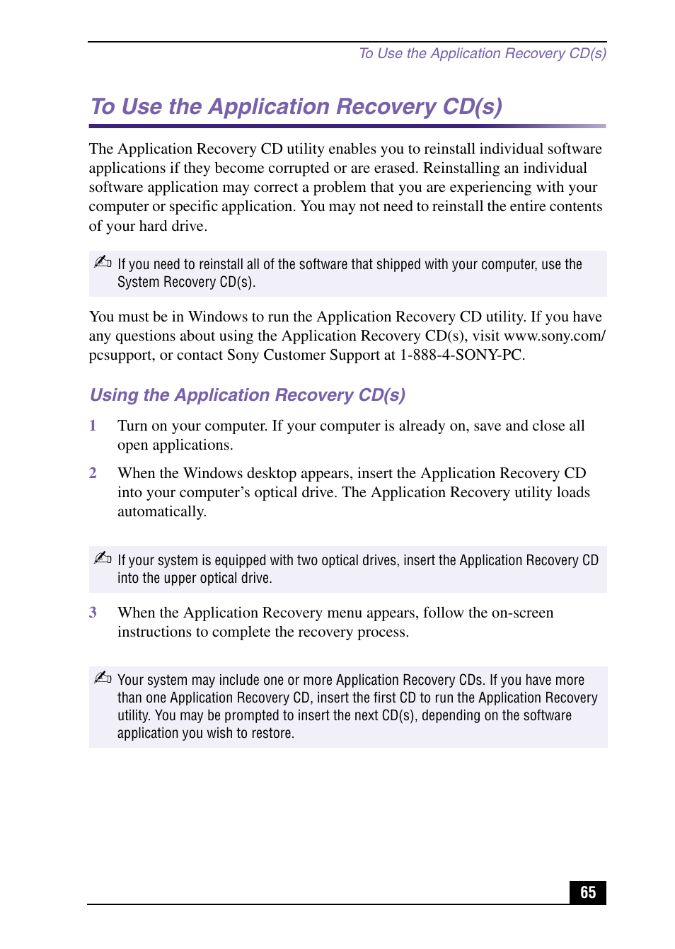 To use the application recovery cd(s), Using the application recovery cd(s) | Sony VAIO Digital Studio User Manual | Page 65 / 93