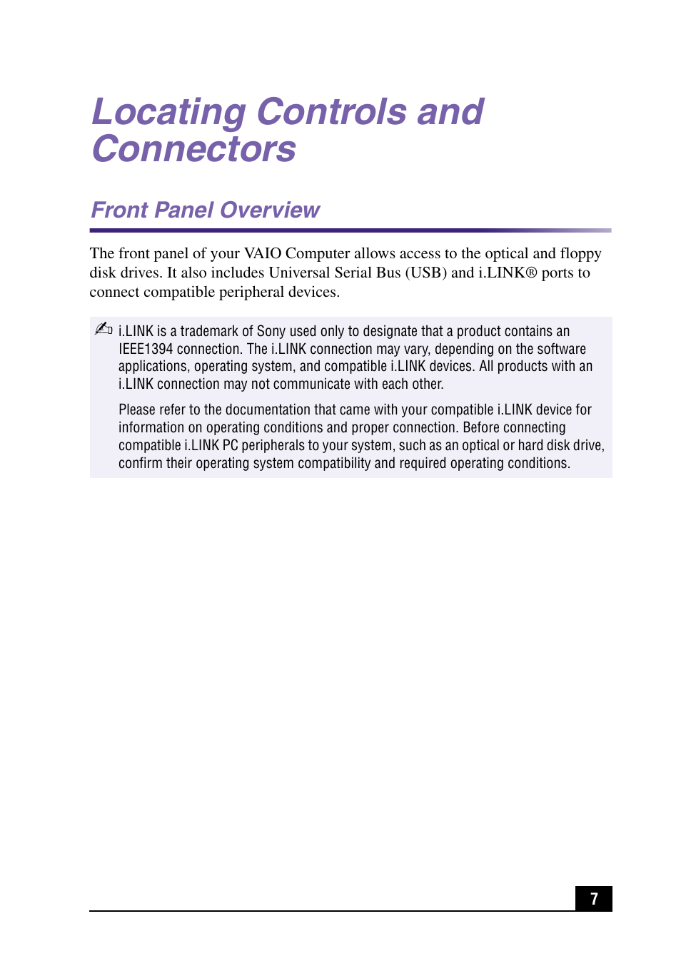 Locating controls and connectors, Front panel overview | Sony VAIO Digital Studio User Manual | Page 7 / 93