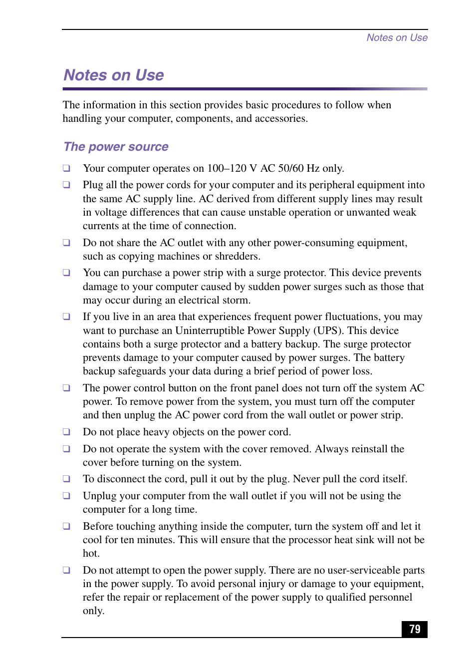 Notes on use, The power source | Sony VAIO Digital Studio User Manual | Page 79 / 93