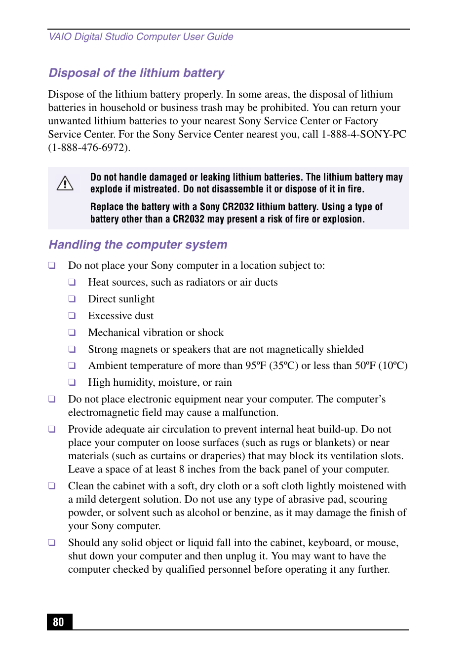 Disposal of the lithium battery, Handling the computer system | Sony VAIO Digital Studio User Manual | Page 80 / 93