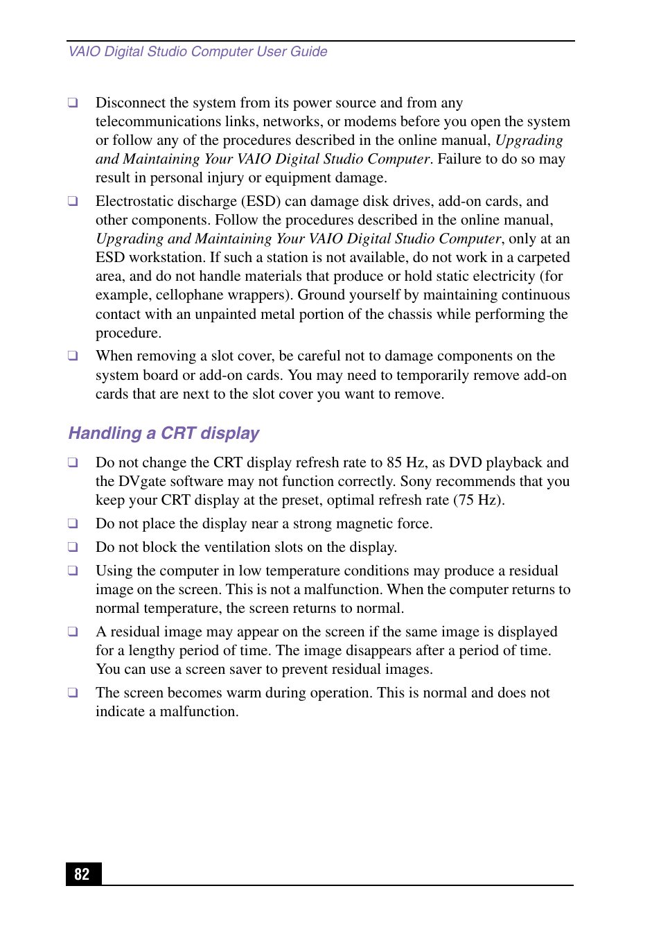 Handling a crt display | Sony VAIO Digital Studio User Manual | Page 82 / 93