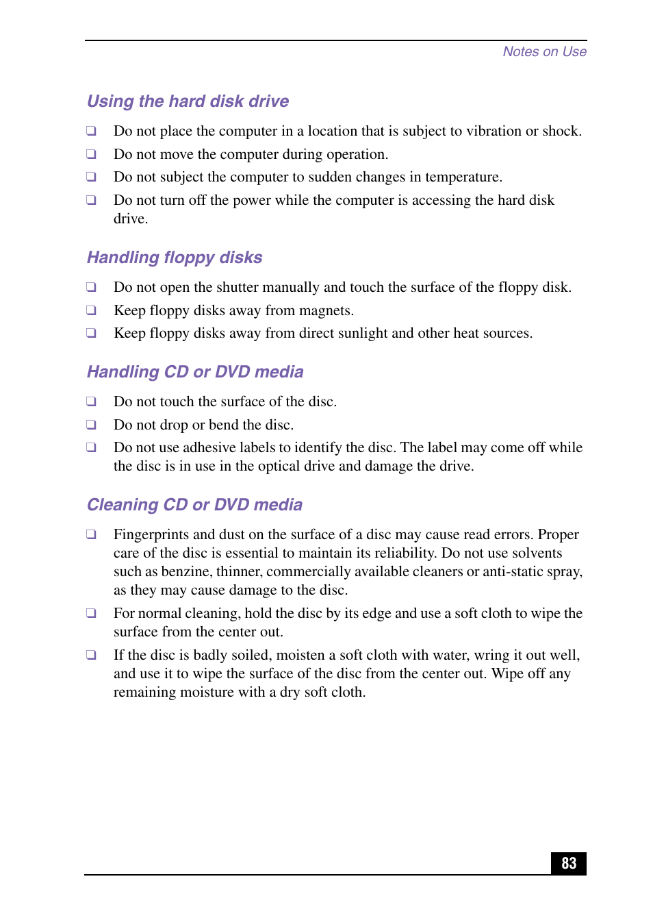 Using the hard disk drive, Handling floppy disks, Handling cd or dvd media | Cleaning cd or dvd media | Sony VAIO Digital Studio User Manual | Page 83 / 93