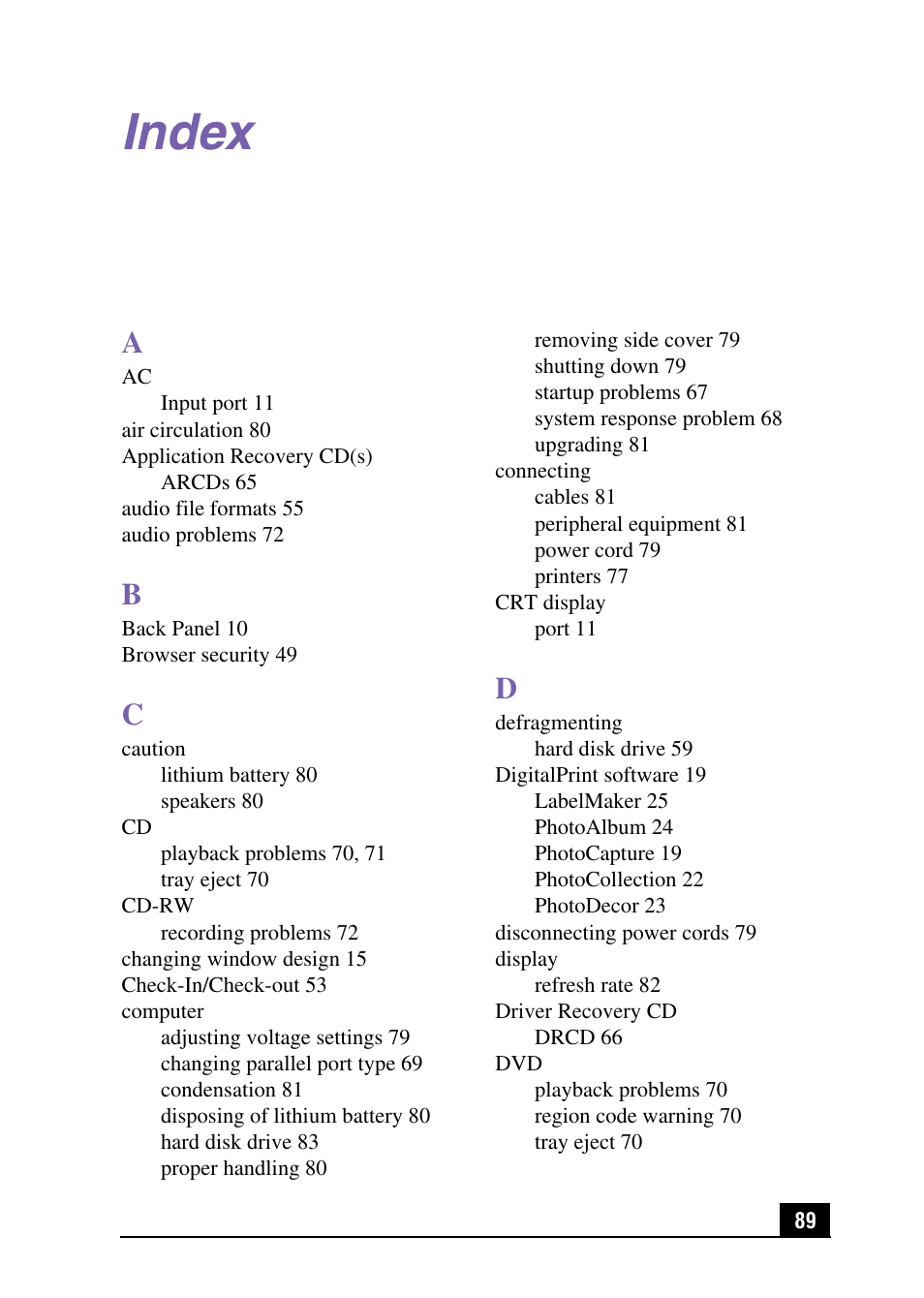 Index | Sony VAIO Digital Studio User Manual | Page 89 / 93