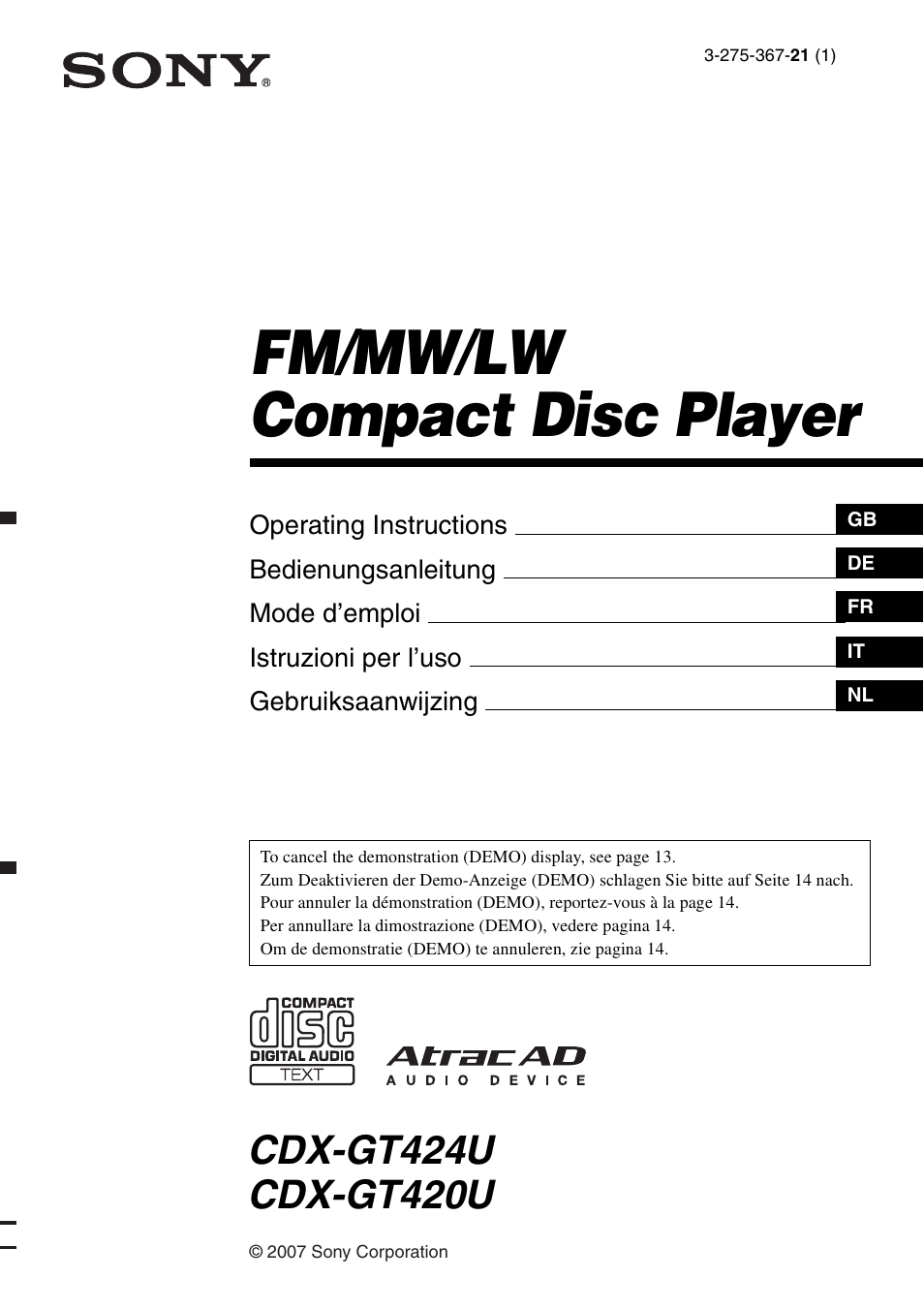 Sony CDX-GT424U User Manual | 112 pages