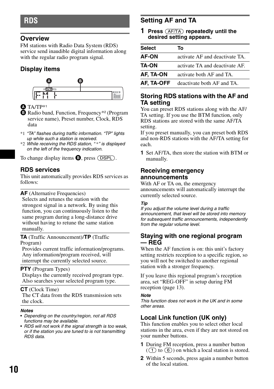 Overview, Setting af and ta, Overview setting af and ta | Sony CDX-GT424U User Manual | Page 10 / 112