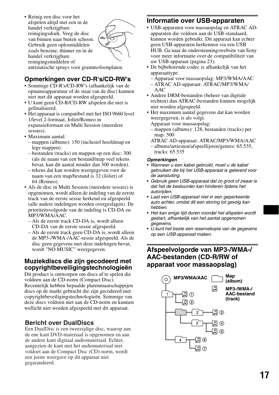 Informatie over usb-apparaten, Opmerkingen over cd-r's/cd-rw's, Bericht over dualdiscs | Sony CDX-GT424U User Manual | Page 103 / 112