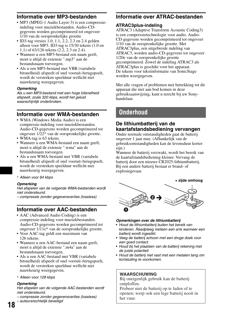 Informatie over mp3-bestanden, Informatie over wma-bestanden, Informatie over aac-bestanden | Informatie over atrac-bestanden, Onderhoud | Sony CDX-GT424U User Manual | Page 104 / 112