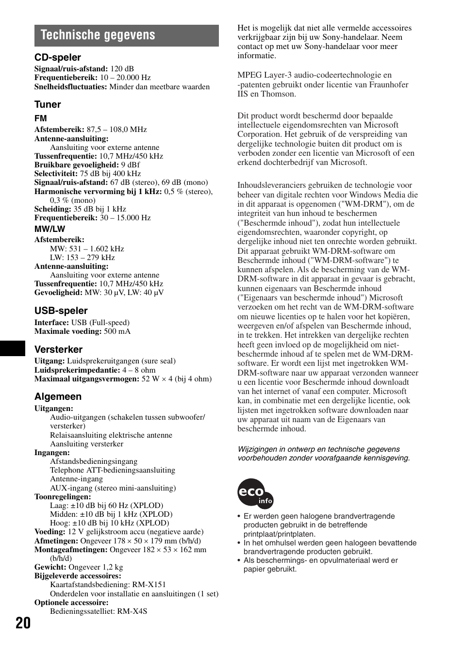 Technische gegevens | Sony CDX-GT424U User Manual | Page 106 / 112