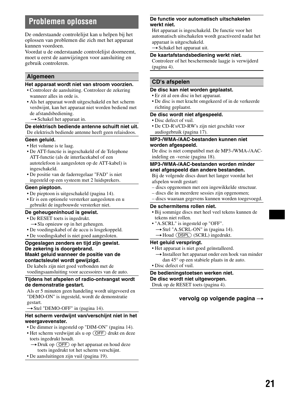 Problemen oplossen | Sony CDX-GT424U User Manual | Page 107 / 112