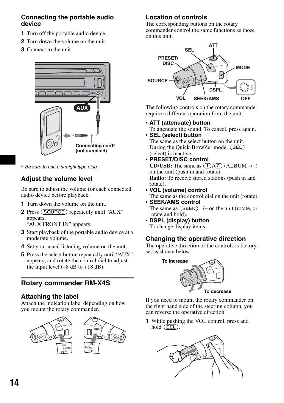 Rotary commander rm-x4s, Connecting the portable audio device, Adjust the volume level | Attaching the label, Location of controls, Changing the operative direction | Sony CDX-GT424U User Manual | Page 14 / 112