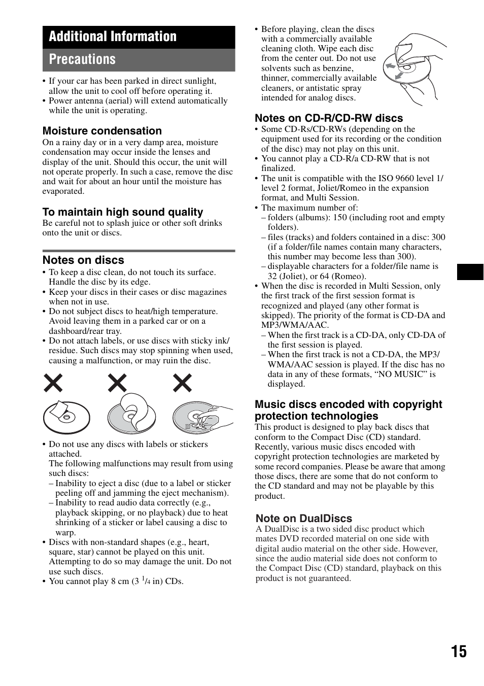 Additional information, Precautions, Notes on discs | Additional information precautions | Sony CDX-GT424U User Manual | Page 15 / 112