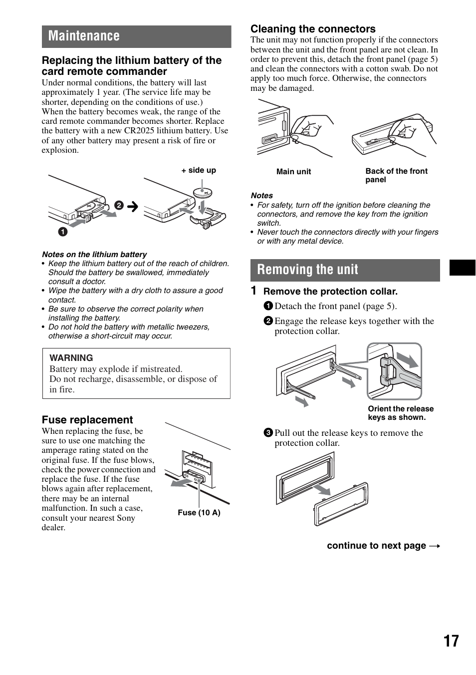 Maintenance, Removing the unit, Maintenance removing the unit | Sony CDX-GT424U User Manual | Page 17 / 112