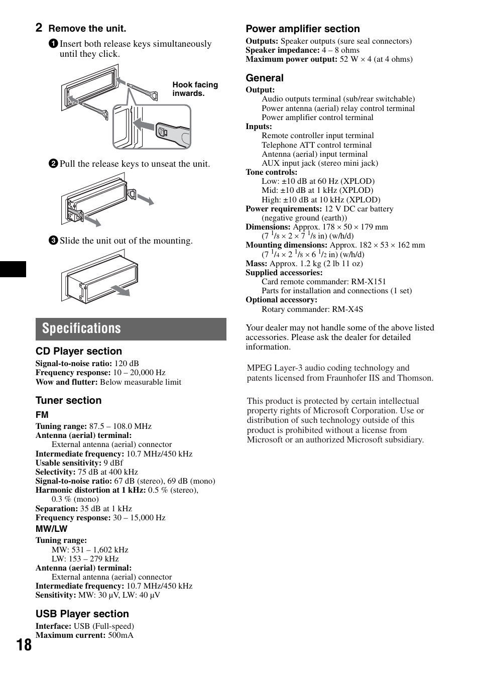 Specifications | Sony CDX-GT424U User Manual | Page 18 / 112