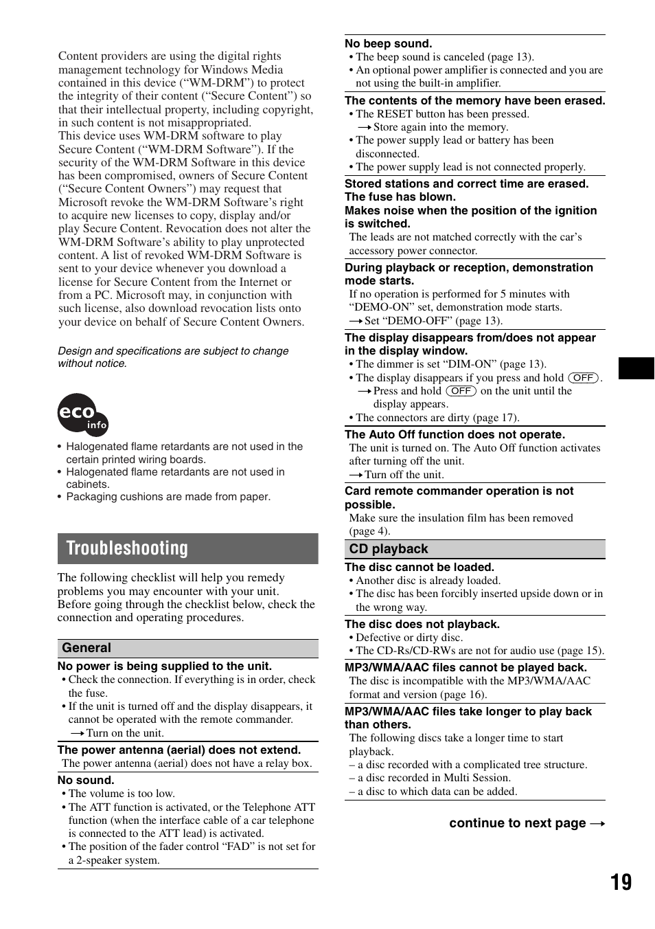 Troubleshooting | Sony CDX-GT424U User Manual | Page 19 / 112